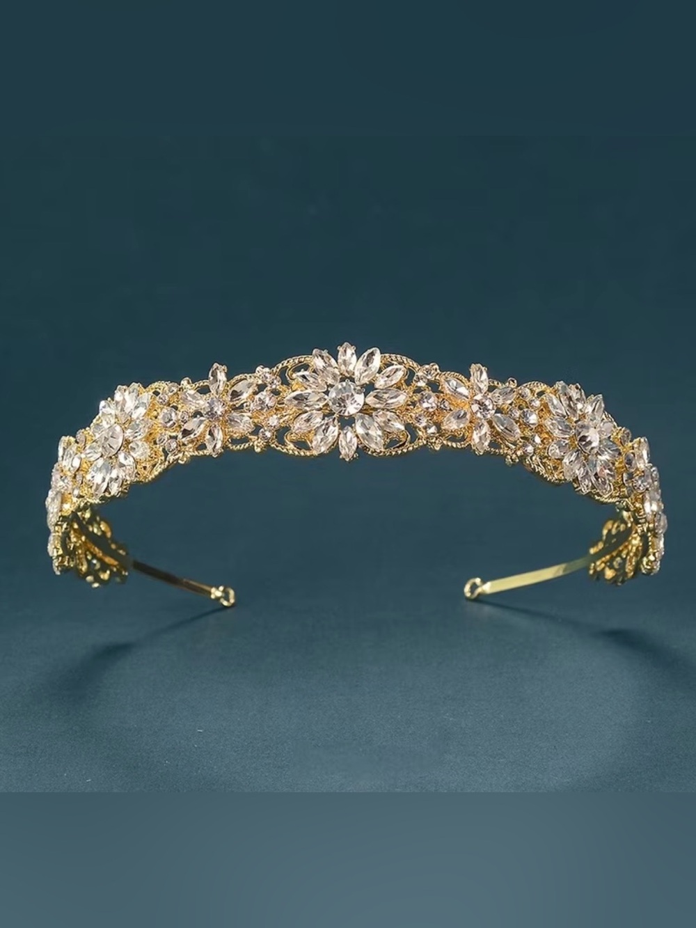 A Golden Flower Rhinestone Princess Headband Tiara.